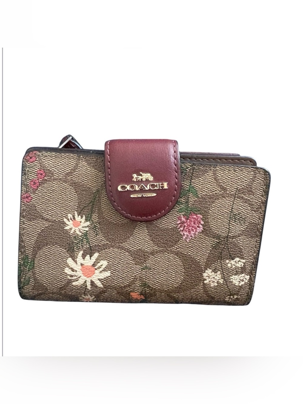 COACH Brown Signature Floral Compact Wallet with Maroon Snap